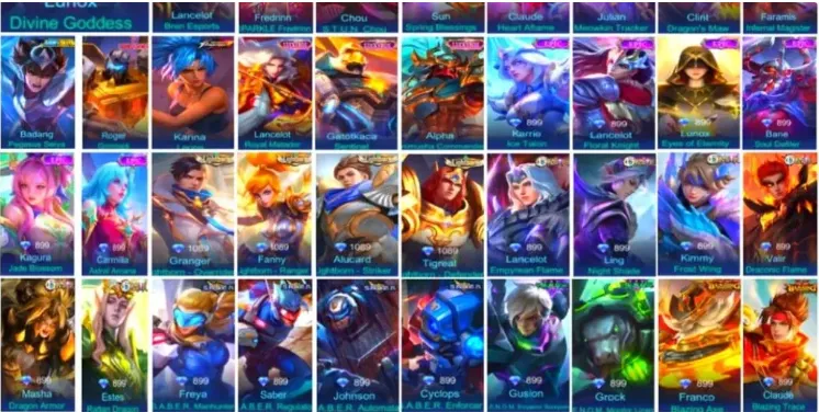 ML617 Legend Lunox Divine Goddess, Collector Natalia, Naruto Lukas, Kinsin Angela, Aspirant Chang’e and Layla, Prime Claude, 369 Skins (G)